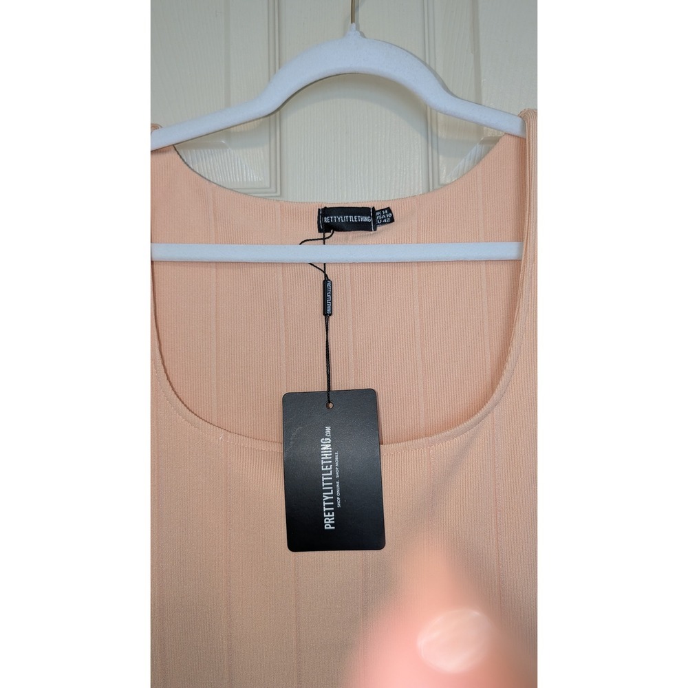 PrettyLittleThing Peach Ribbed Bodycon Mini Dress Sleeveless Scoop Neck Size 10 - Picture 2 of 4